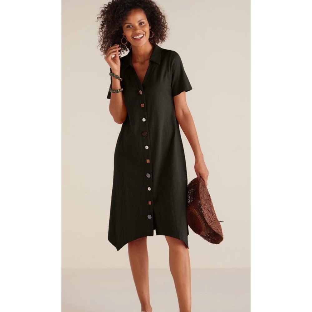 Soft Surroundings Danielle Button Dress Black Cotton Slub Knit Sharkbite Medium